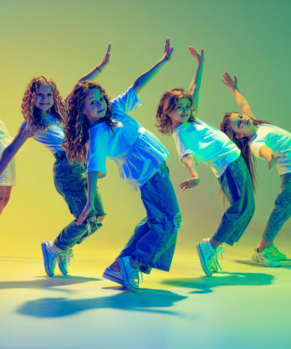 group-active-kids-cheerful-girls-dancing-isolated-green-background-neo